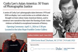 Flyer that has a self-portrait photo of Corky Lee, anAsian-American man with glasses holding a camera. There is also a photo of an older asian woman that he took holding her jacket open to reveal the word 'revolution'